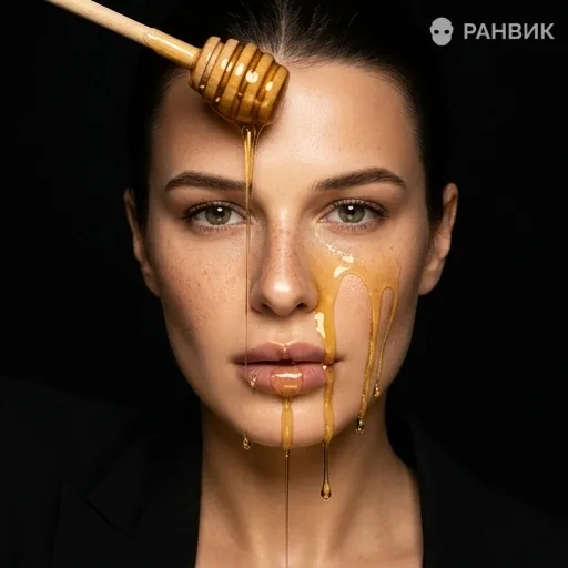 Творческая фотосессия девушки с медом крупным планом