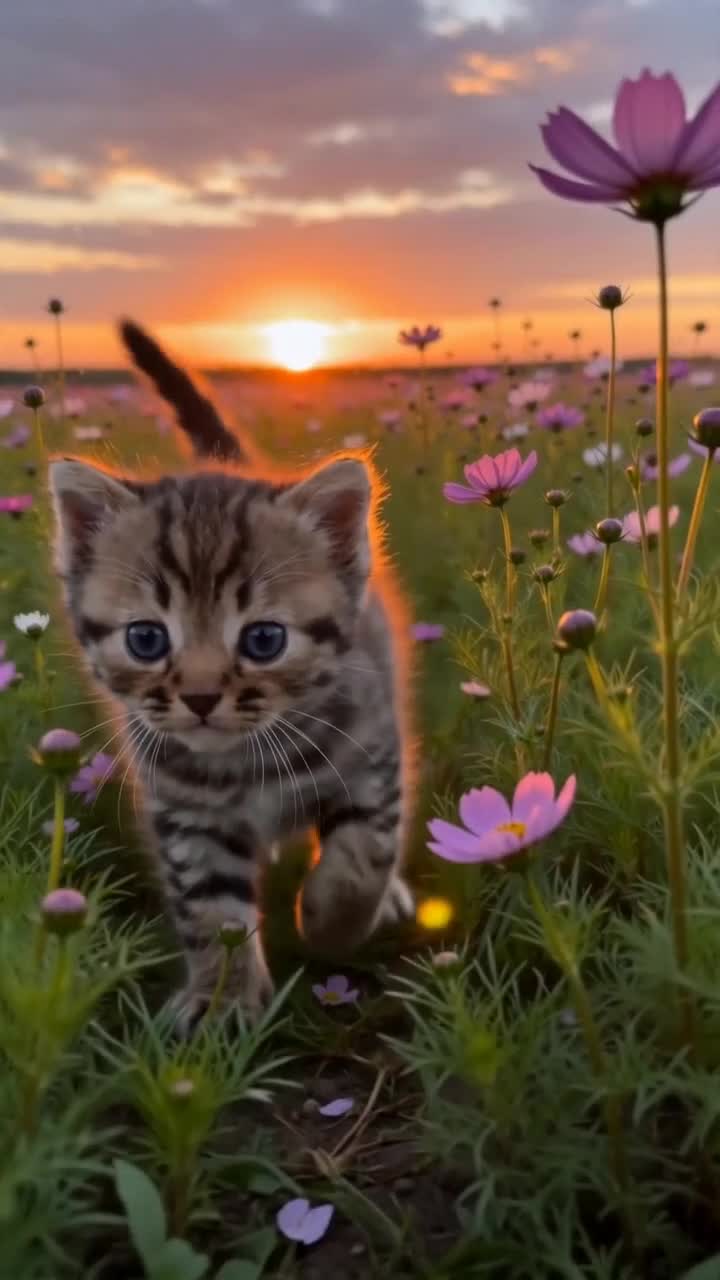 Котенок идет по цветочному полю