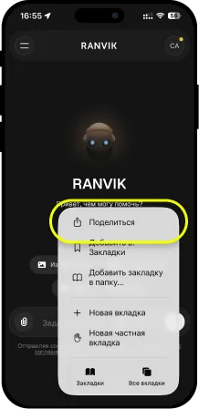 Пункт Поделиться в меню Safari на странице Ranvik